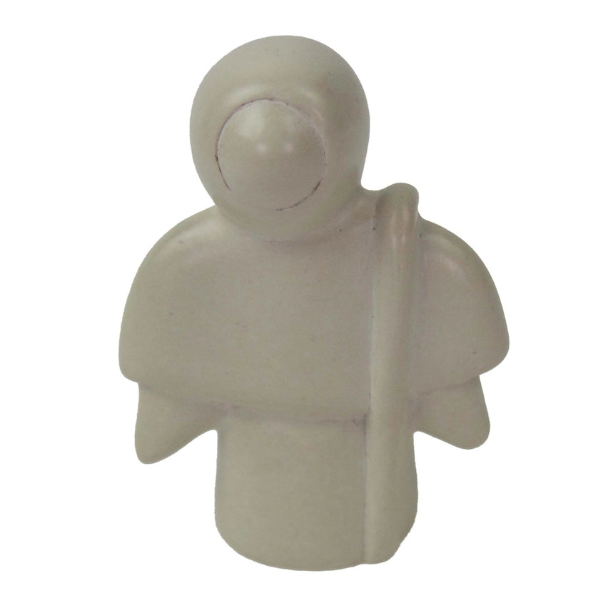 A small off-white soapstone figurine of a stylized Joseph with a round head, simple facial opening, wide shoulders, and a vertical staff or handle on the right side, shown on a plain white background.