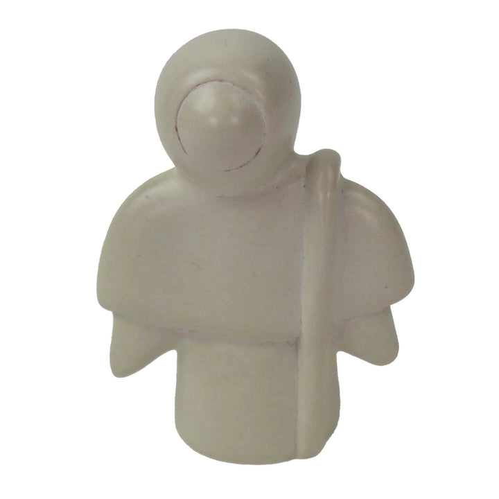 A small off-white soapstone figurine of a stylized Joseph with a round head, simple facial opening, wide shoulders, and a vertical staff or handle on the right side, shown on a plain white background.