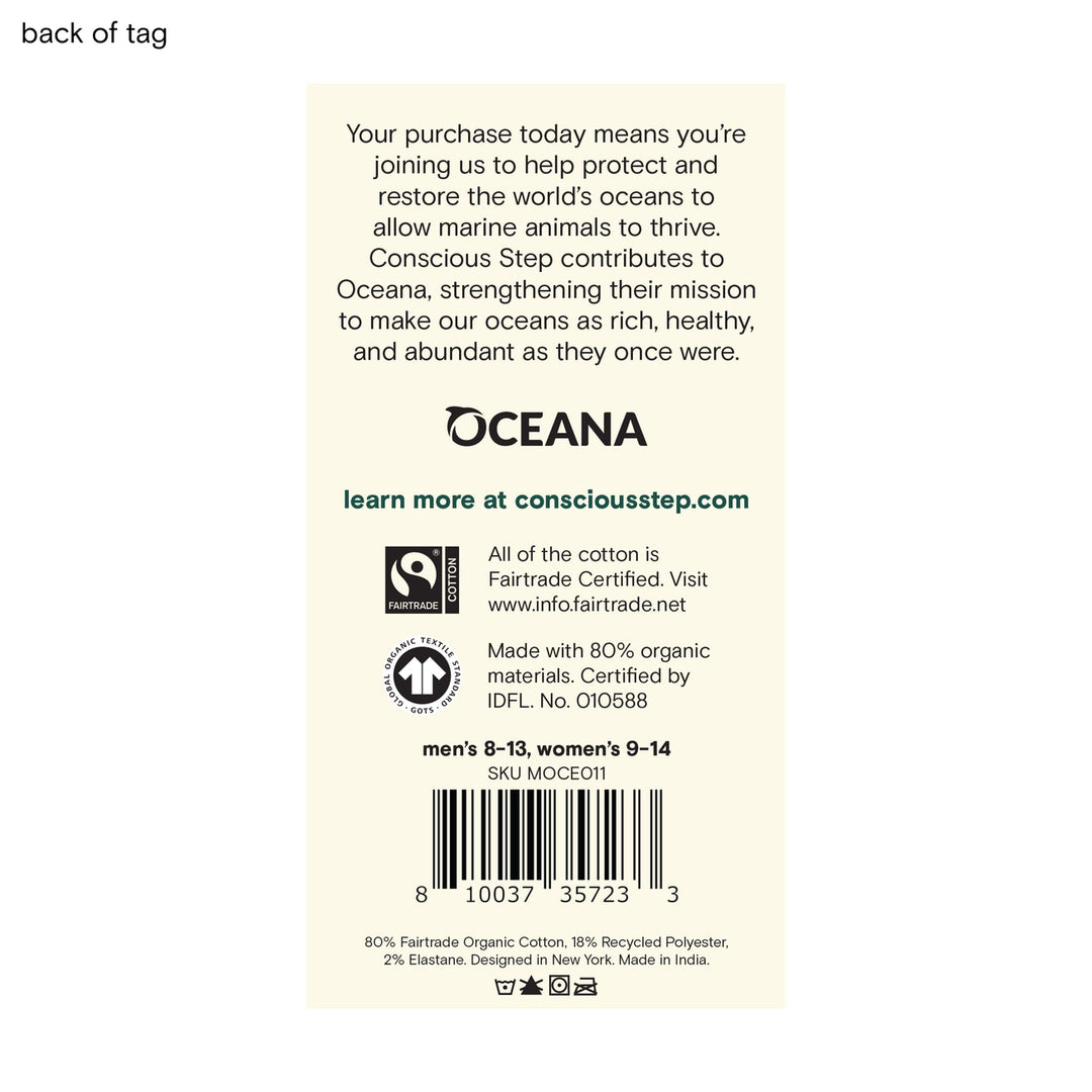 Back of a product tag with Oceana branding and sustainability information.
