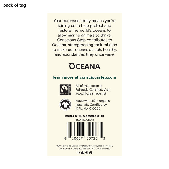 Back of a product tag with Oceana branding and sustainability information.