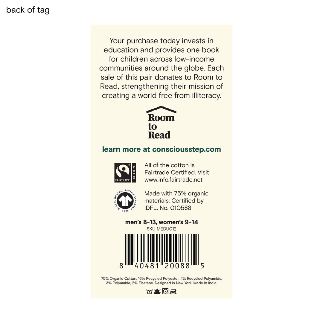 Back of a tag with text about educational donations and Fairtrade certification on a white background