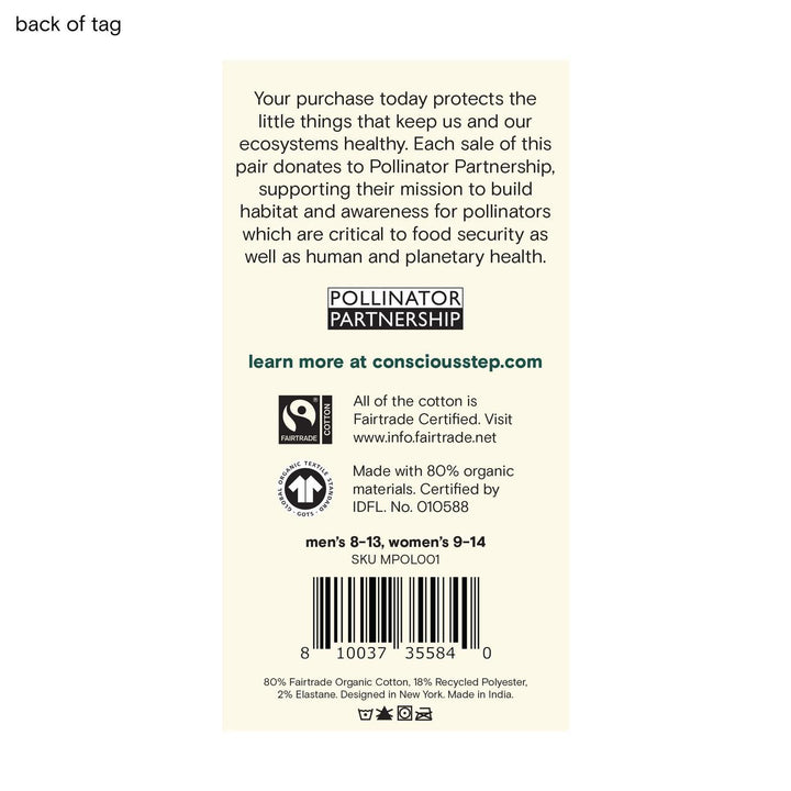 Back of tag that explains each sale of this pair of socks donates to Pollinator Partnership to build habitat and awareness for pollinators