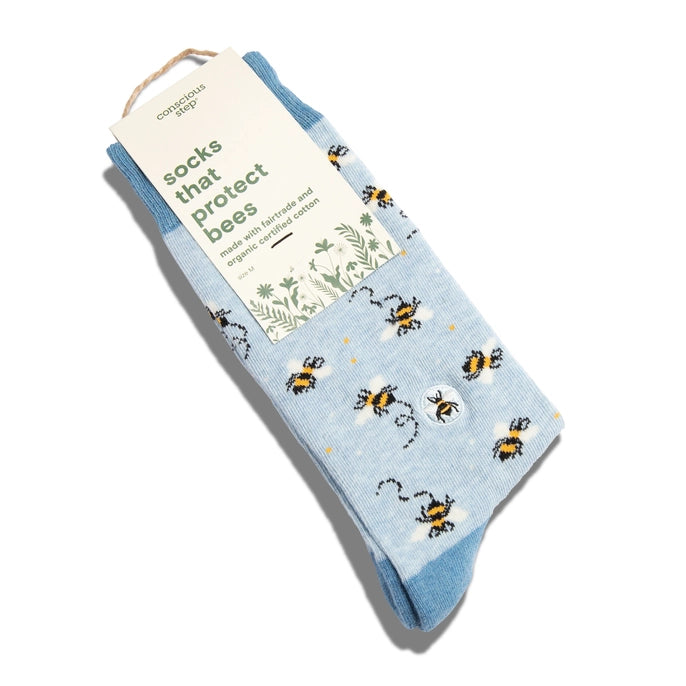 Conscious Step blue crew socks with bee on a white backgrounds