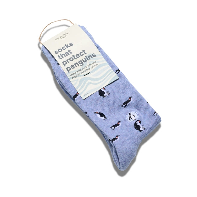 Conscious Step blue crew socks that protect penguins