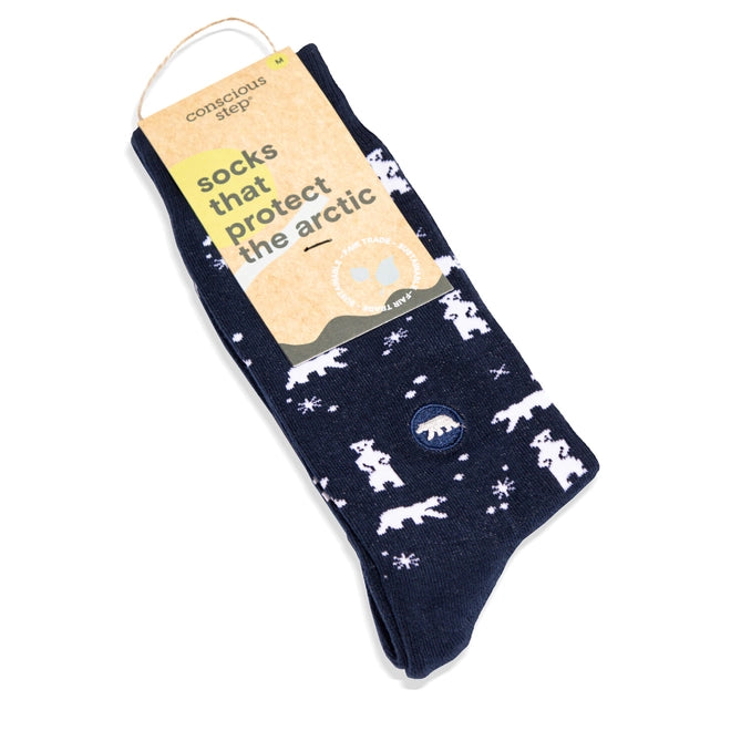 conscious Step navy crew socks with polar bears. 