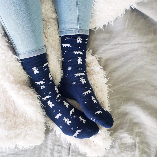 conscious Step navy crew socks with polar bears. 
