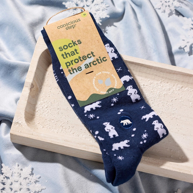 
conscious Step navy crew socks with polar bears. 