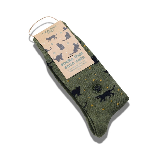 green crew socks with black cats by Conscious step
