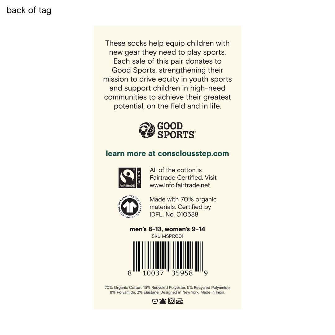 Back of a sock tag with text about supporting children through sports and Fair trade certification details.