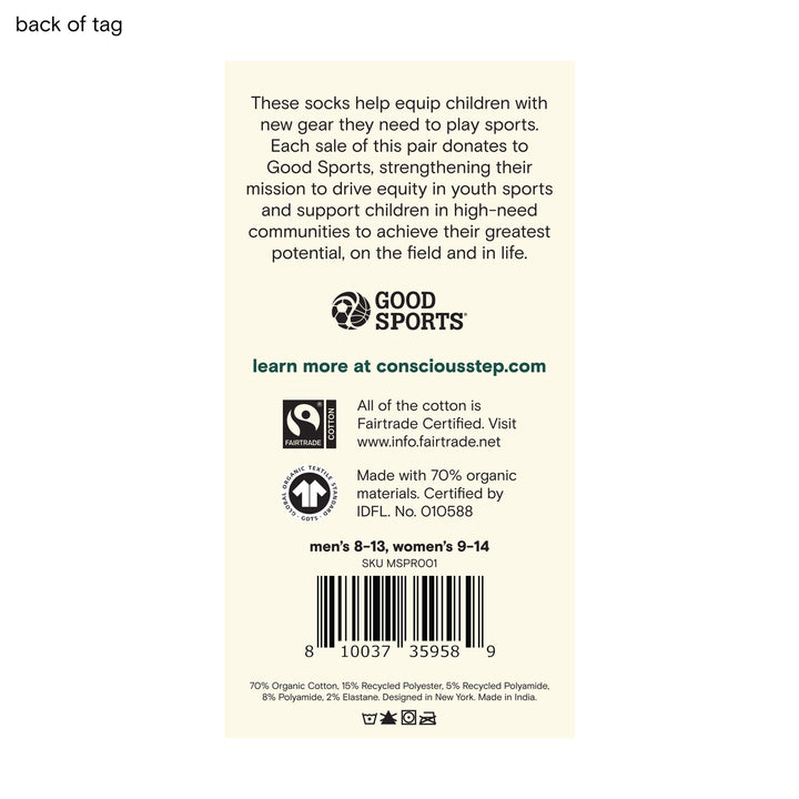 Back of a sock tag with text about supporting children through sports and Fair trade certification details.