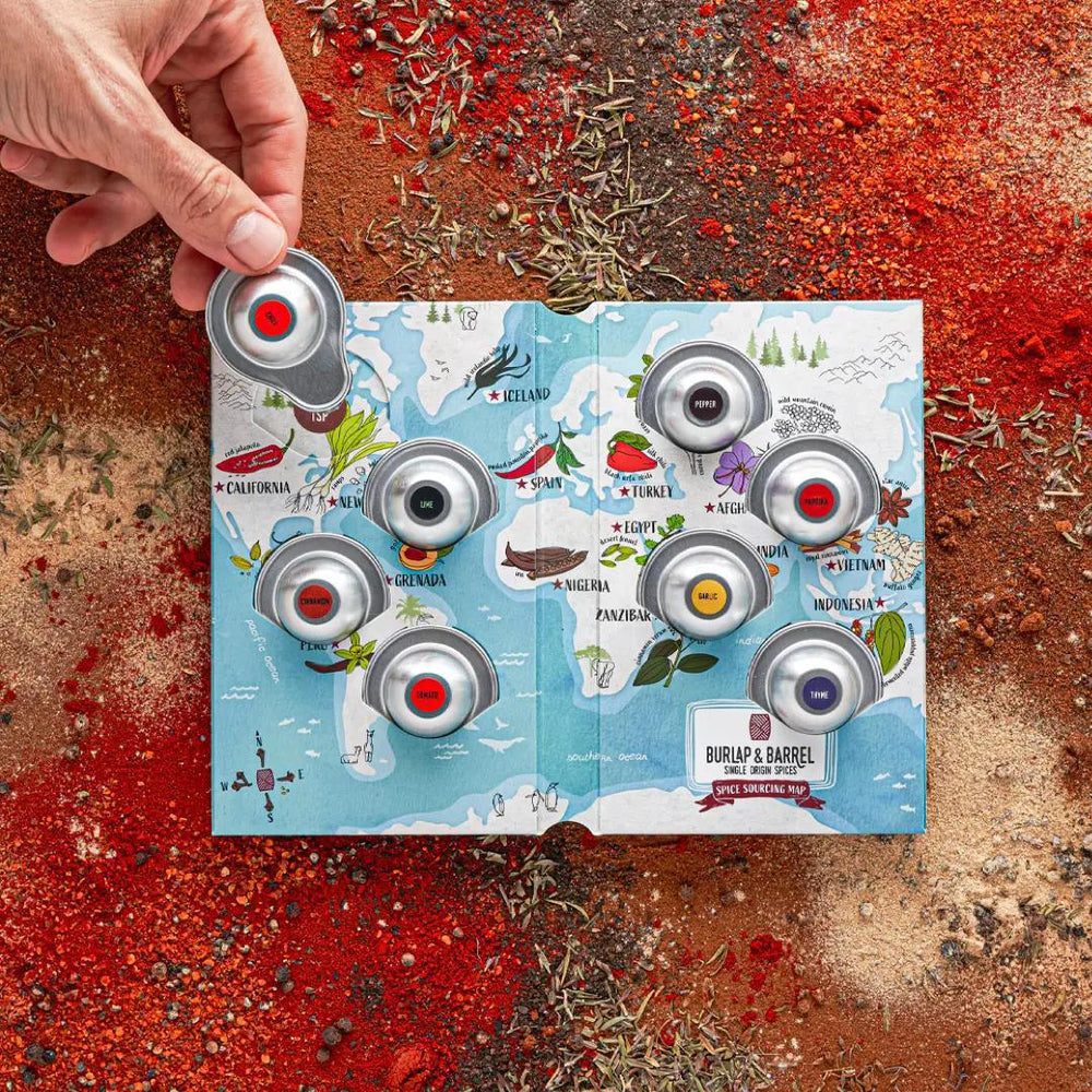 Spice Passport travel kit holding assorted travel sized spices.