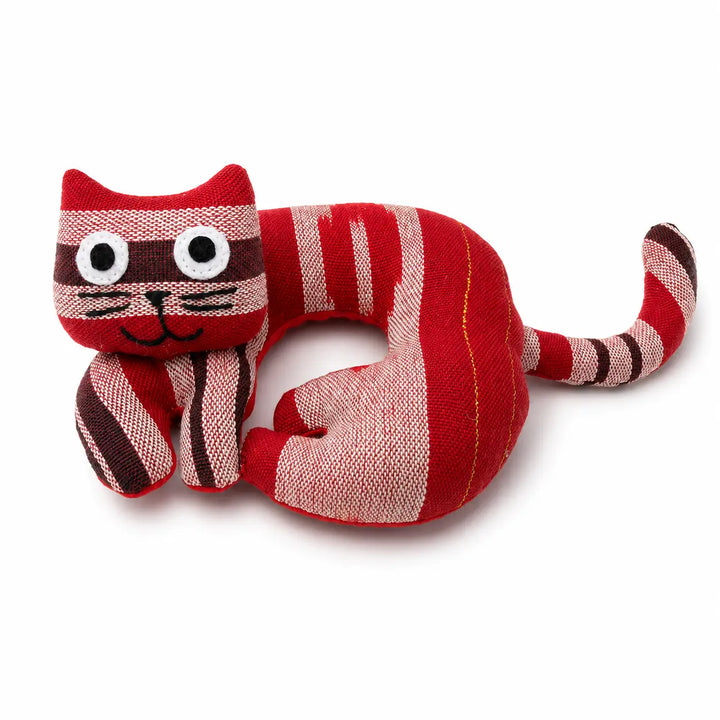 Red and white striped cat-shaped coaster on a white background
