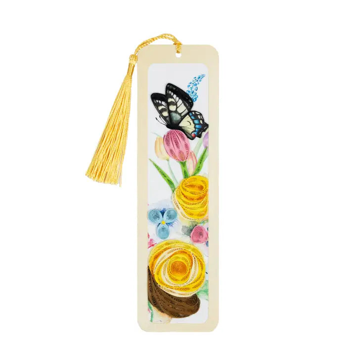 Bookmark with floral design and butterfly, featuring a yellow tassel on a white background