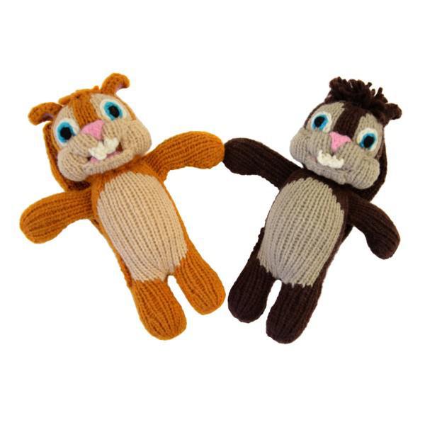 Two knitted animal toys resembling a squirrel on a white background.