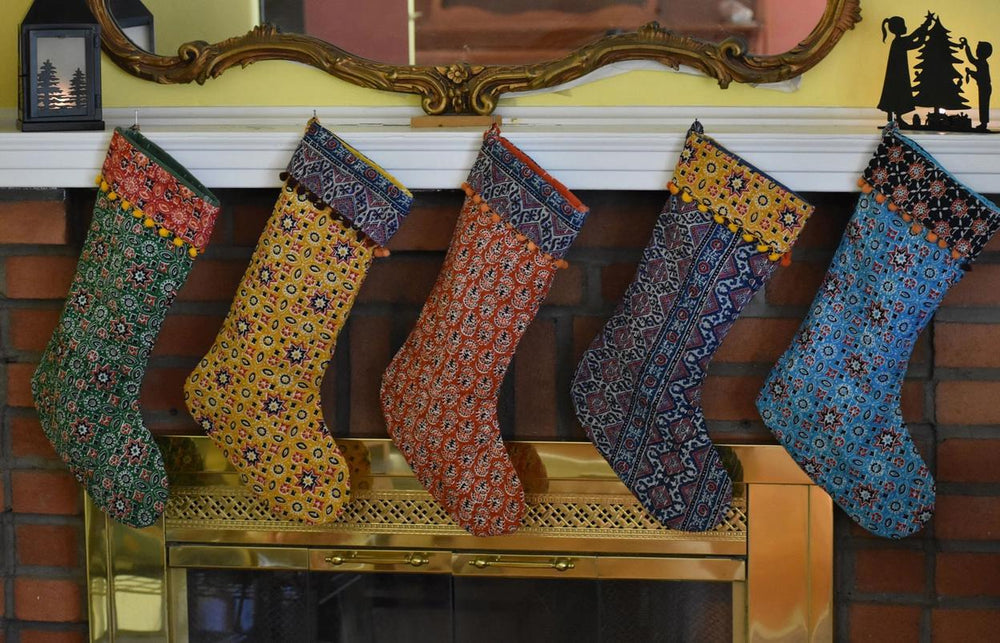 Hand stitched Christmas stockings made from upcycled kantha.