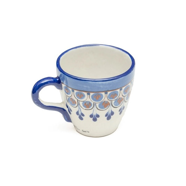 Ceramic mug with blue floral pattern on a white background
