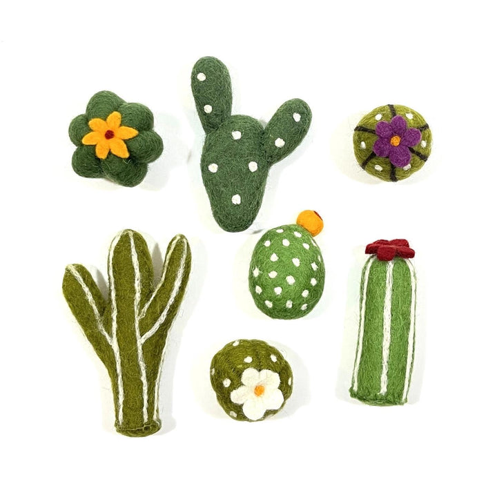 Set of felt cactus and flower succulent decorations on a white background