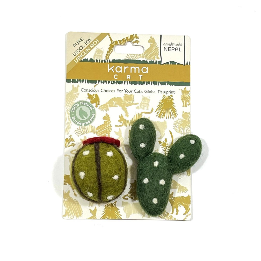 Two green cactus-shaped catnip toys on a Karma Cat branded card with a white background.