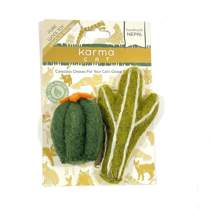 Karma Cat cat toy packaging with a green and brown textured toy on a white background