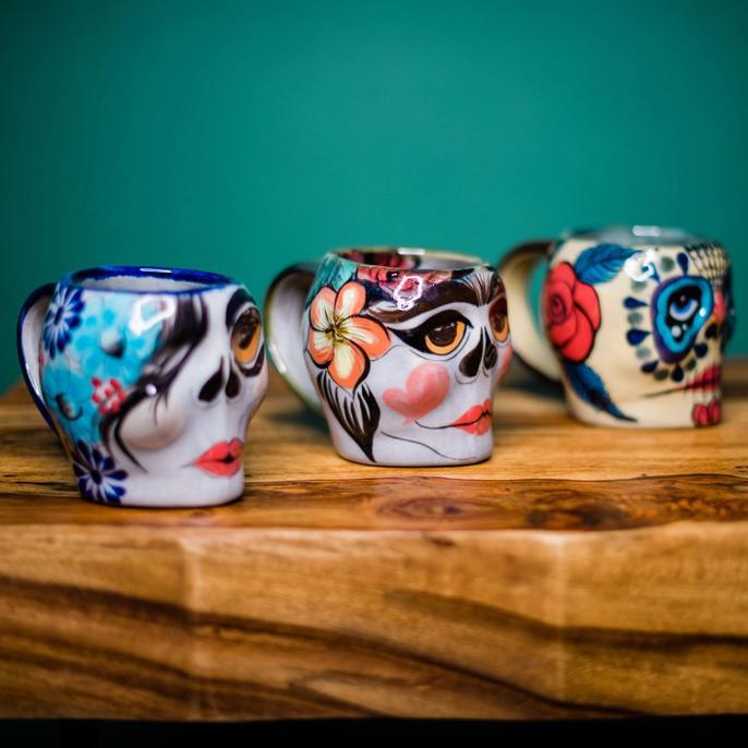Sugar skull mugs side view display