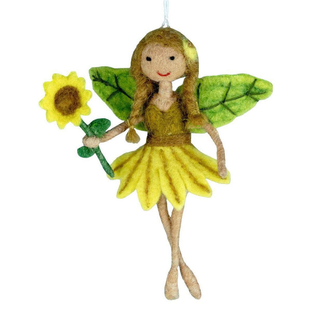 Felt fairy ornament with a sunflower on a white background