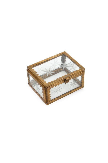 Etched glass jewelry box with glass top on a white background