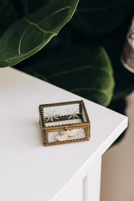 Decorative jewelry box with star designs on a white surface with green foliage in the background