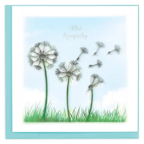 Sympathy card with dandelion design on a light blue envelope