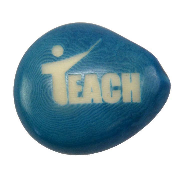 blue tagua nut with the word "Teach"