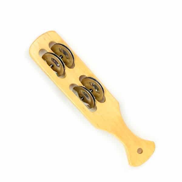 A handmade tambourine stick with a wooden body and metal jingles.