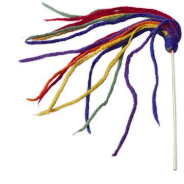 Colorful cat toy with multiple strands on a white background