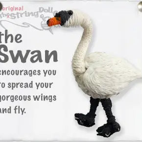 A white swan keychain with black legs and feet, an orange beak, and a black and white head, shown on a white background with decorative text and a small logo in the upper left.