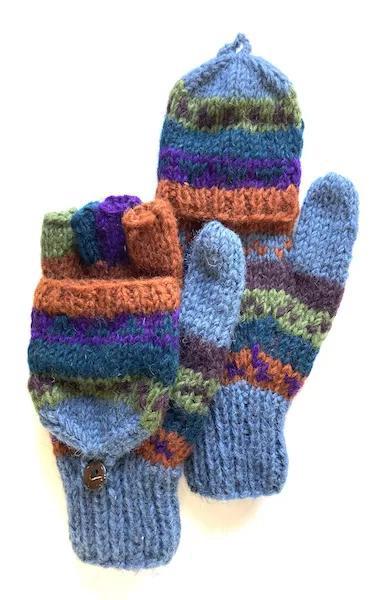 Pair of colorful striped mittens on a white background