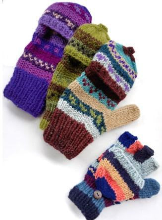 Colorful knitted gloves with patterned design on a white background