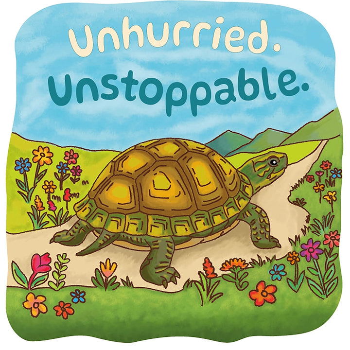 A square illustrated sticker featuring a cartoon turtle walking along a path through a flower-filled landscape. The sky is blue with the words 'Unhurried.