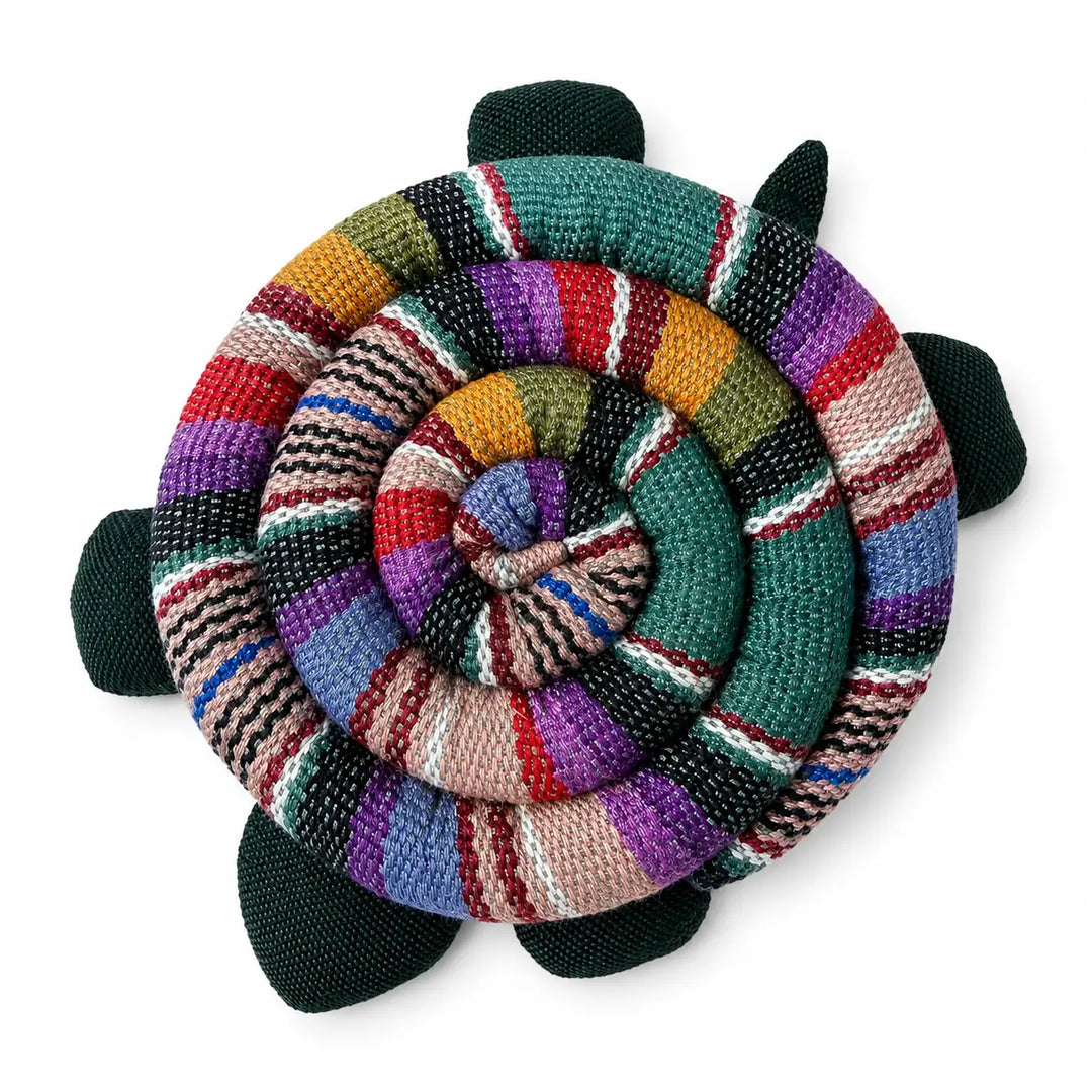 Colorful turtle mug warmer toy on a white background