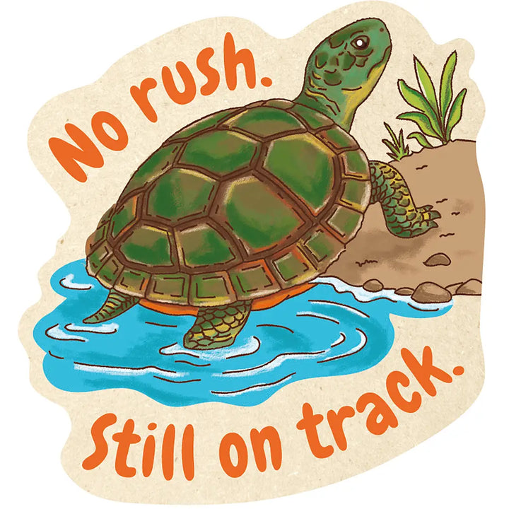 Sticker with a turtle and text 'No rush. Still on track.'