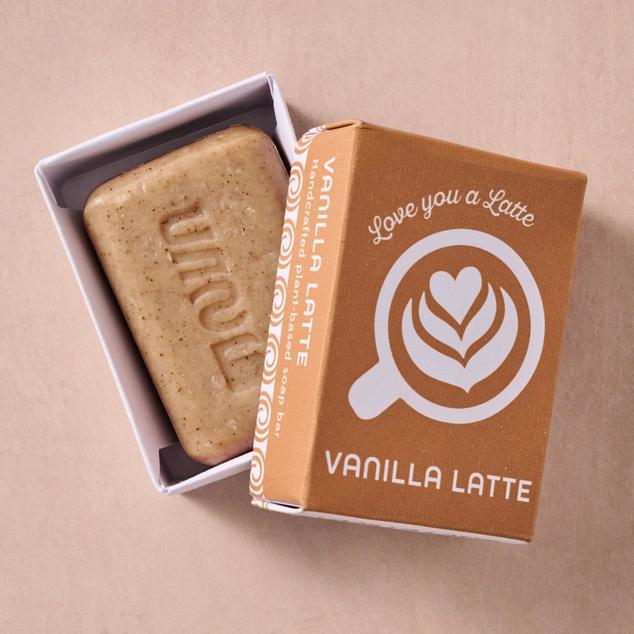 Hand-crafted vanilla latte scented bar of soap in a box with 'Love you a Latte' branding on a beige background