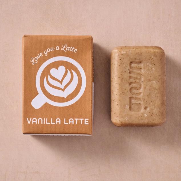 Bar of soap and packaging with 'Vanilla Latte' branding on a beige background