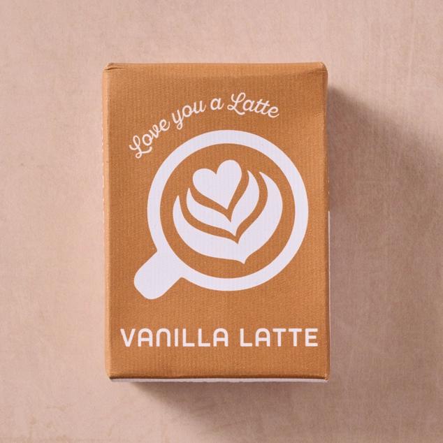 Vanilla latte packaging with 'Love you a Latte' text on a beige background