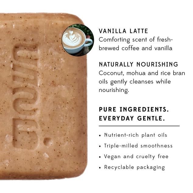 Bar of soap with vanilla latte scent description on a white background.