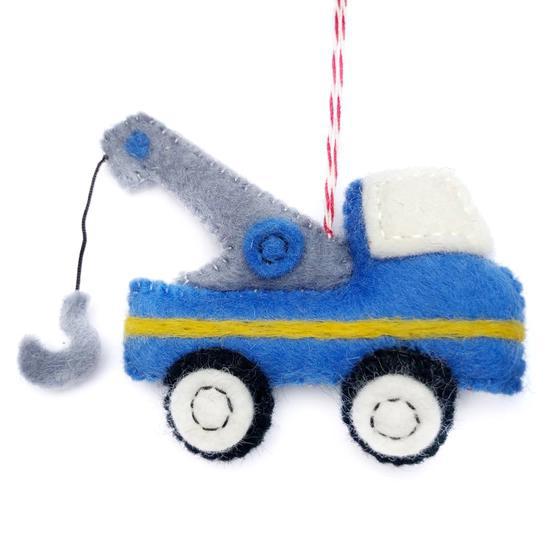 Handmade felt ornament in vehicle shape of blue tow-truck.