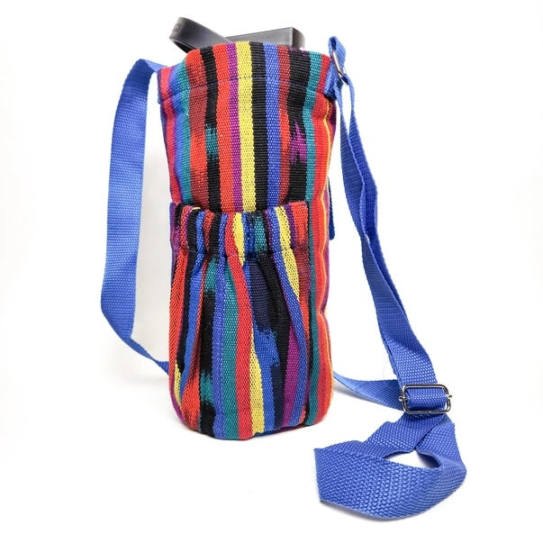 Colorful striped pouch with a blue strap on a white background