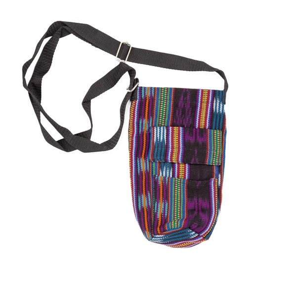 Colorful patterned pouch with a black strap on a white background