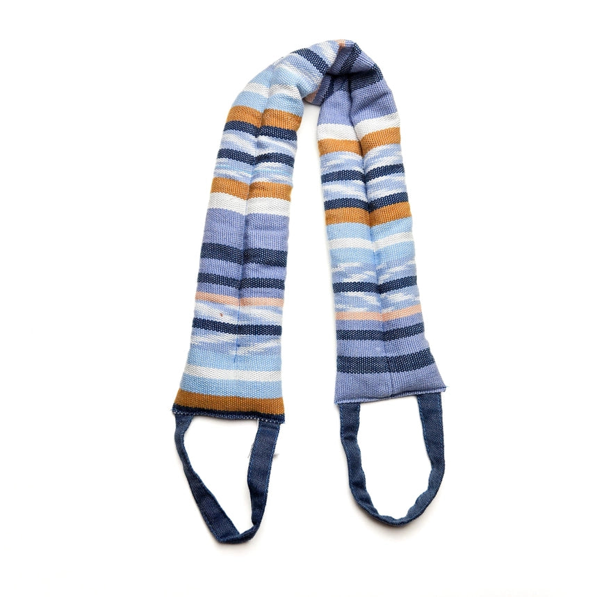 Striped neck wrap with blue, orange, and white colors on a white background