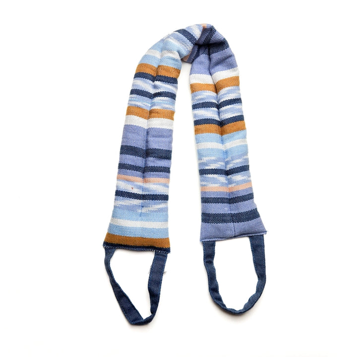 Striped neck wrap with blue, orange, and white colors on a white background