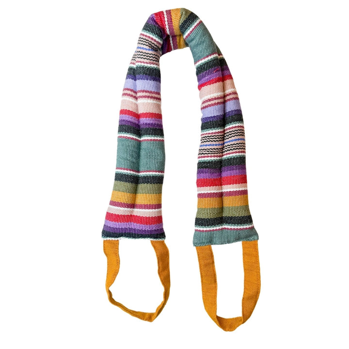 Colorful striped neck wrap with yellow ends on a white background