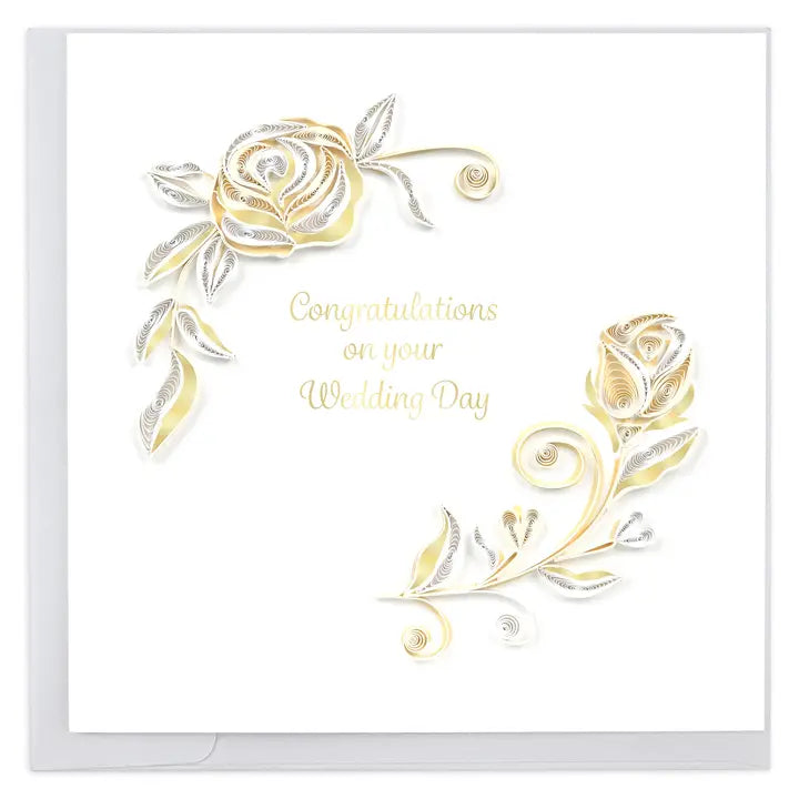 Wedding card with gold and silver roses and 'Congratulations on your Wedding Day' text.