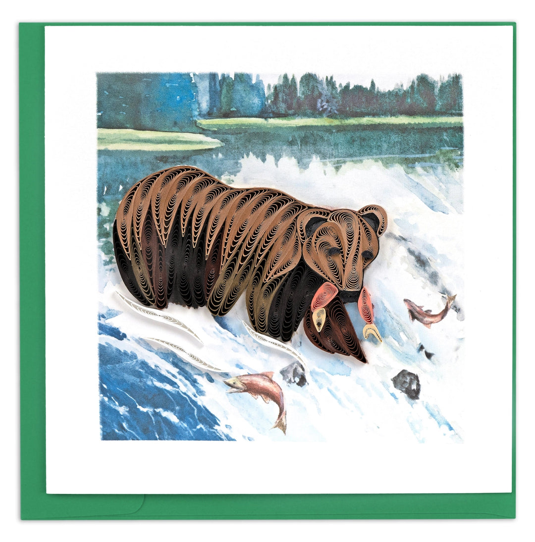 Quilling card with a bear fishing in water, surrounded by nature, with a green border.