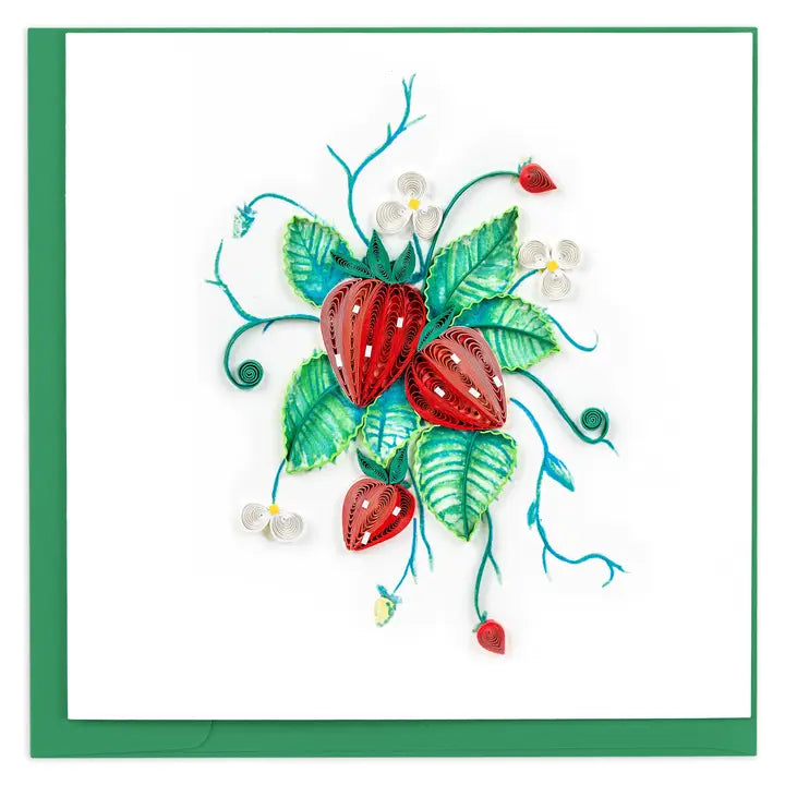 Decorative card with red strawberries and green leaves on a white background